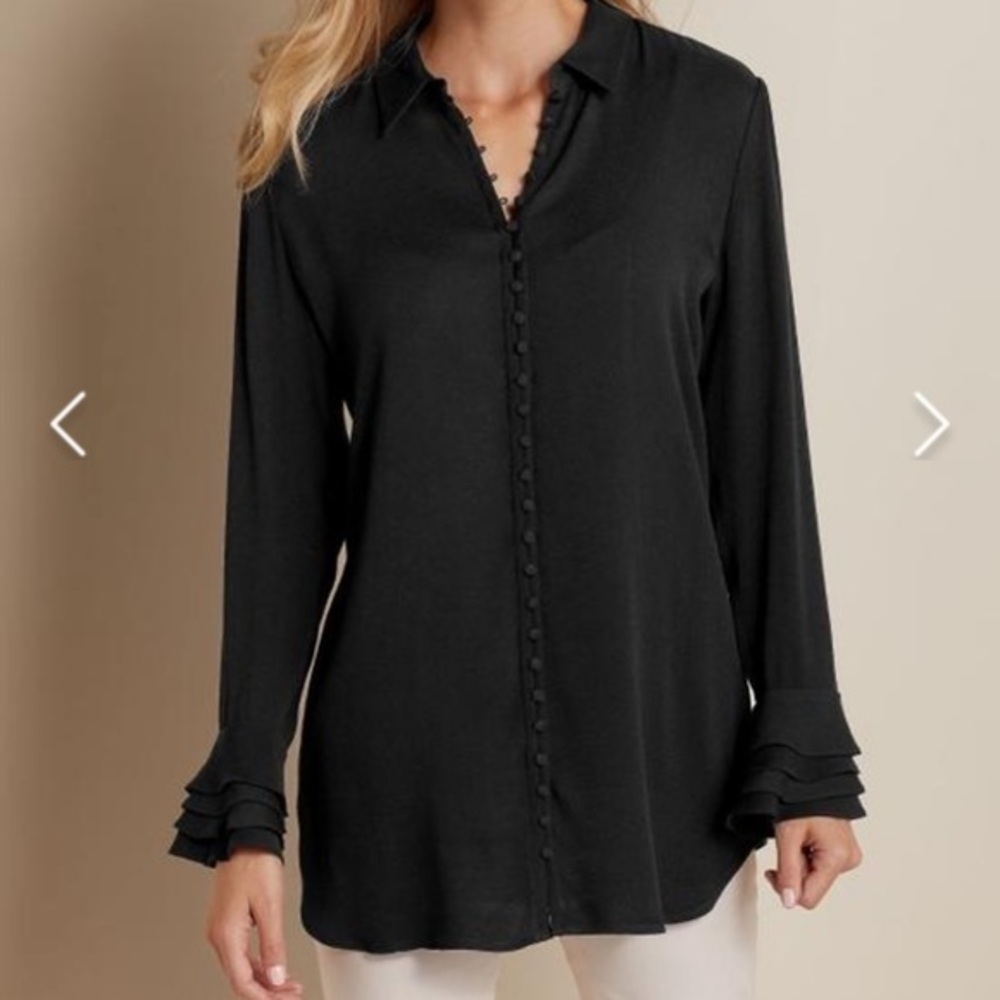 Soft surroundings poet blouse black button up top ruffle sleeves 2AT59